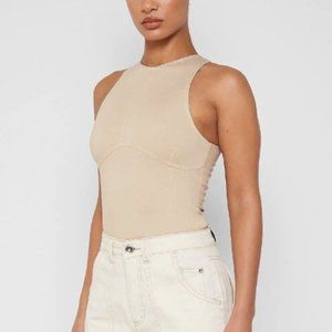 Maniere De Voir CONTRAST STITCH RACER BODYSUIT - BEIGE